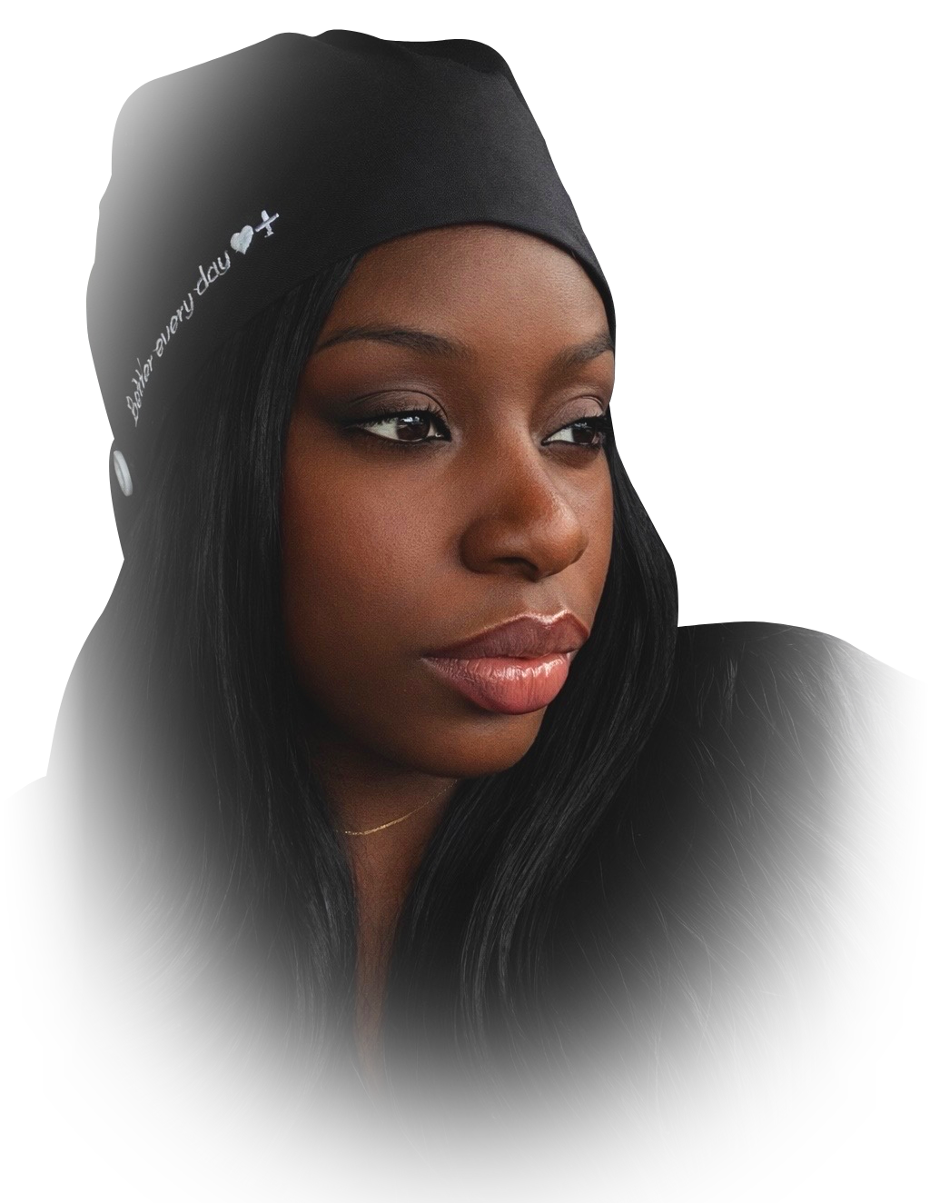 Model wearing a Better Every Day scrub cap